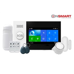 Kit de alarma GSM+WIFI Tuya Smart compatible, pantalla touch de 4.3", permite 100 zonas inalámbricas, 4 zonas cableadas, soporta audio de 2 vias comptabile con Alexa y Google Home, App móvil Tuya Smart Life.