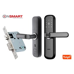 Cerradura inteligente Tuya Smart compatible, color negro, bloqueo de 2 pestillos, 5 métodos de apertura, Huella, Clave, tarjeta RFID, Llave mecánica y mediante APP móvil.