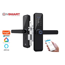 Cerradura inteligente Tuya  Smart compatible, color negro, bloqueo de 2 pestillos, 5 métodos de apertura, Huella, Clave, tarjeta RFID, Llave mecánica y mediante APP móvil.